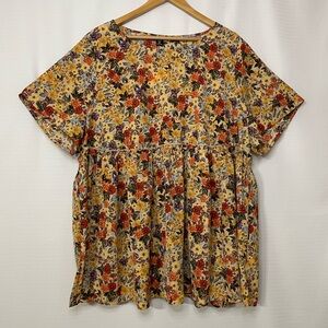 Shein Curve Plus Size 4XL Floral Babydoll Shirt Short Sleeve Yellow Multicolor